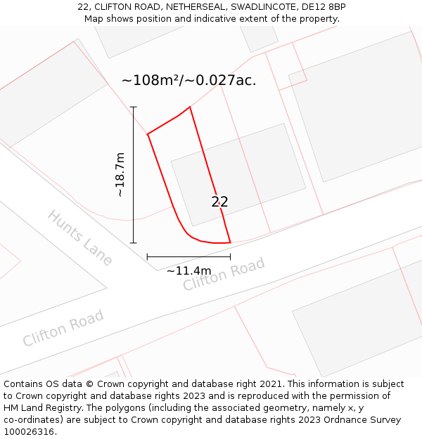 22, CLIFTON ROAD, NETHERSEAL, SWADLINCOTE, DE12 8BP: Plot and title map