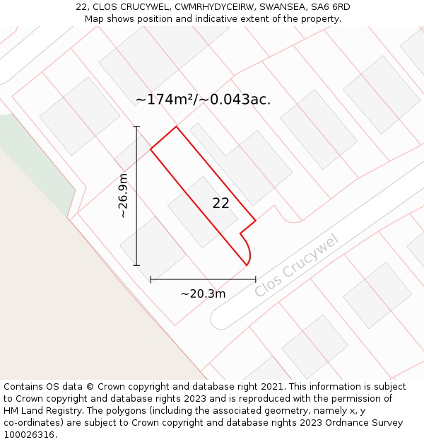 22, CLOS CRUCYWEL, CWMRHYDYCEIRW, SWANSEA, SA6 6RD: Plot and title map