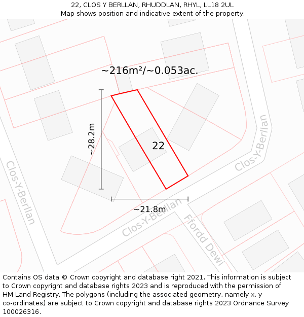 22, CLOS Y BERLLAN, RHUDDLAN, RHYL, LL18 2UL: Plot and title map