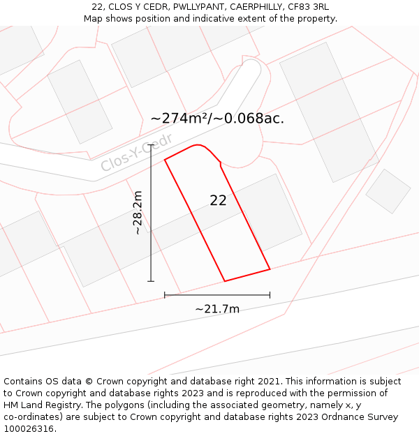 22, CLOS Y CEDR, PWLLYPANT, CAERPHILLY, CF83 3RL: Plot and title map
