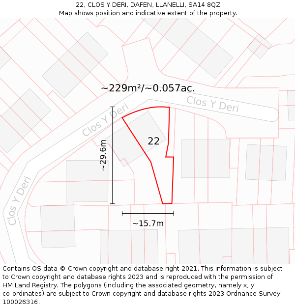 22, CLOS Y DERI, DAFEN, LLANELLI, SA14 8QZ: Plot and title map