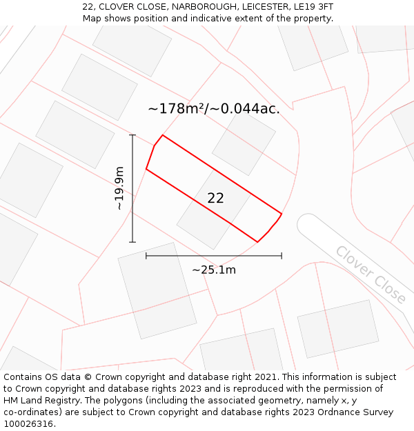 22, CLOVER CLOSE, NARBOROUGH, LEICESTER, LE19 3FT: Plot and title map