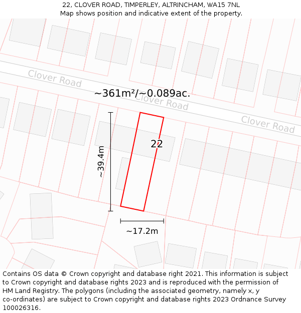 22, CLOVER ROAD, TIMPERLEY, ALTRINCHAM, WA15 7NL: Plot and title map