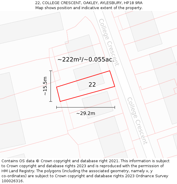 22, COLLEGE CRESCENT, OAKLEY, AYLESBURY, HP18 9RA: Plot and title map