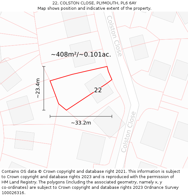 22, COLSTON CLOSE, PLYMOUTH, PL6 6AY: Plot and title map