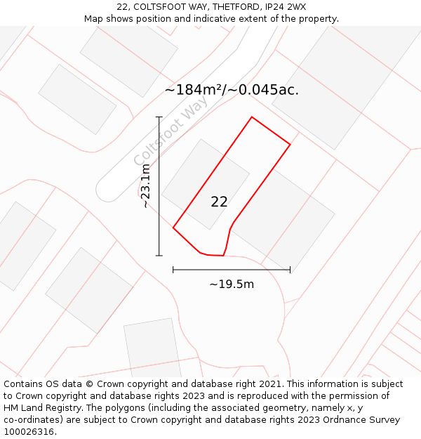 22, COLTSFOOT WAY, THETFORD, IP24 2WX: Plot and title map