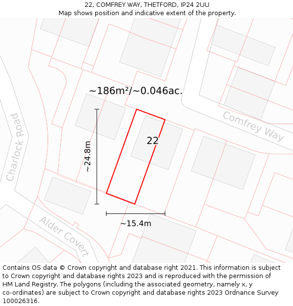 22, COMFREY WAY, THETFORD, IP24 2UU: Plot and title map