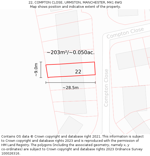 22, COMPTON CLOSE, URMSTON, MANCHESTER, M41 6WG: Plot and title map