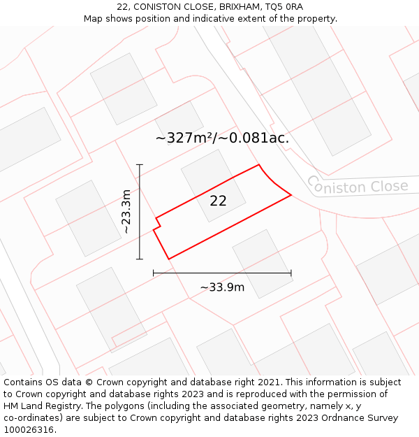 22, CONISTON CLOSE, BRIXHAM, TQ5 0RA: Plot and title map