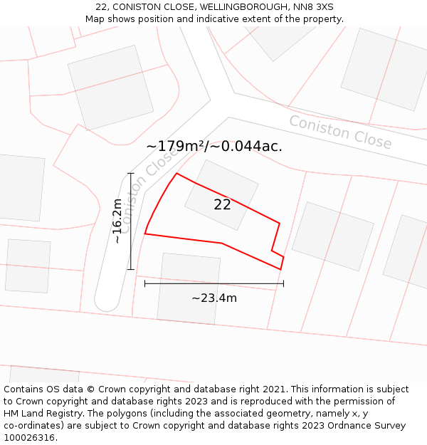 22, CONISTON CLOSE, WELLINGBOROUGH, NN8 3XS: Plot and title map