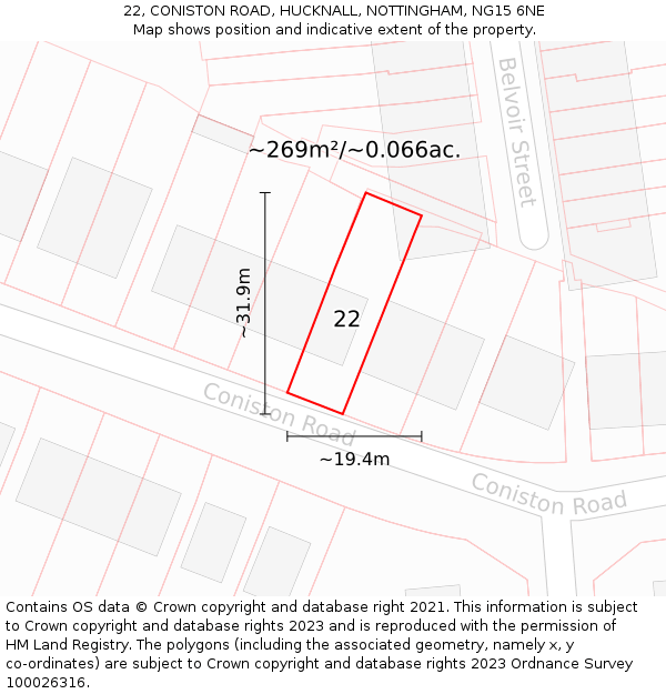 22, CONISTON ROAD, HUCKNALL, NOTTINGHAM, NG15 6NE: Plot and title map