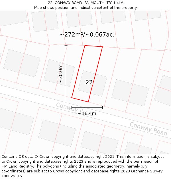 22, CONWAY ROAD, FALMOUTH, TR11 4LA: Plot and title map