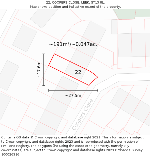 22, COOPERS CLOSE, LEEK, ST13 8JL: Plot and title map