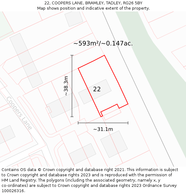 22, COOPERS LANE, BRAMLEY, TADLEY, RG26 5BY: Plot and title map