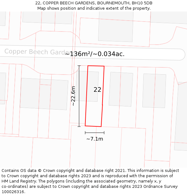 22, COPPER BEECH GARDENS, BOURNEMOUTH, BH10 5DB: Plot and title map