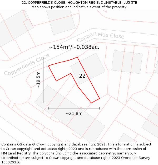 22, COPPERFIELDS CLOSE, HOUGHTON REGIS, DUNSTABLE, LU5 5TE: Plot and title map