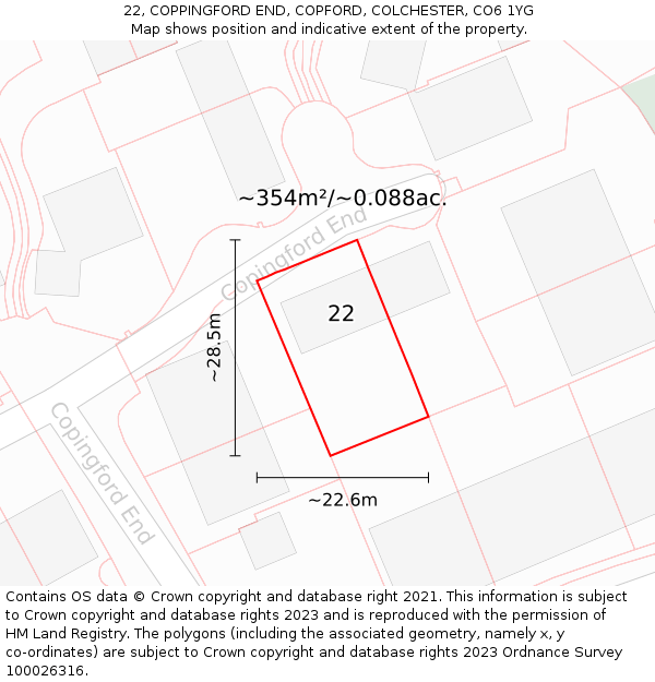 22, COPPINGFORD END, COPFORD, COLCHESTER, CO6 1YG: Plot and title map