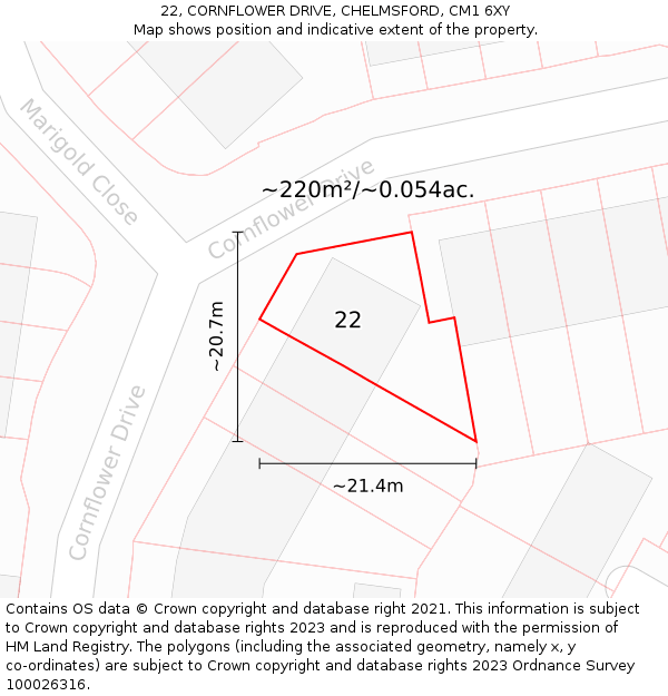 22, CORNFLOWER DRIVE, CHELMSFORD, CM1 6XY: Plot and title map