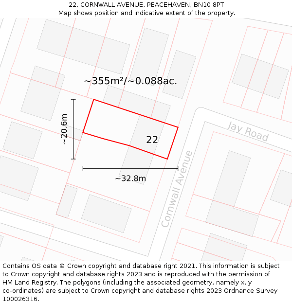 22, CORNWALL AVENUE, PEACEHAVEN, BN10 8PT: Plot and title map