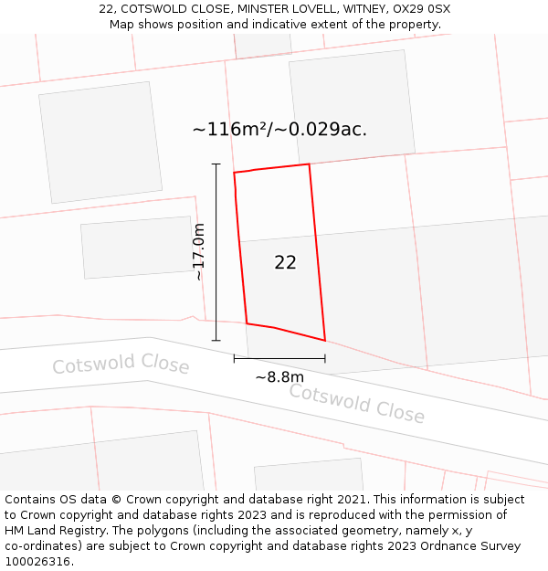 22, COTSWOLD CLOSE, MINSTER LOVELL, WITNEY, OX29 0SX: Plot and title map