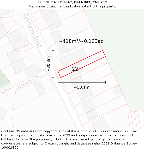 22, COURTAULD ROAD, BRAINTREE, CM7 9BG: Plot and title map