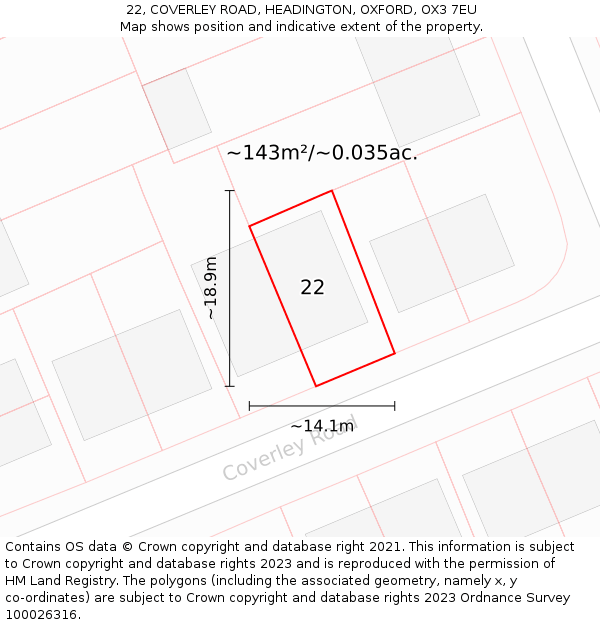 22, COVERLEY ROAD, HEADINGTON, OXFORD, OX3 7EU: Plot and title map