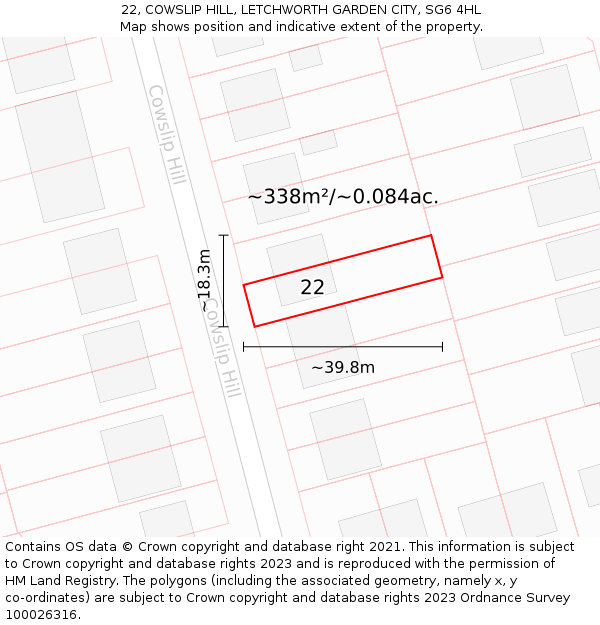 22, COWSLIP HILL, LETCHWORTH GARDEN CITY, SG6 4HL: Plot and title map