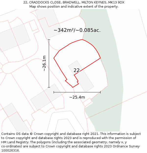 22, CRADDOCKS CLOSE, BRADWELL, MILTON KEYNES, MK13 9DX: Plot and title map