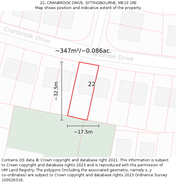 22, CRANBROOK DRIVE, SITTINGBOURNE, ME10 1RE: Plot and title map