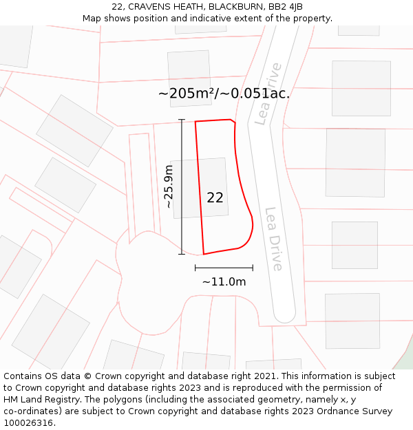 22, CRAVENS HEATH, BLACKBURN, BB2 4JB: Plot and title map