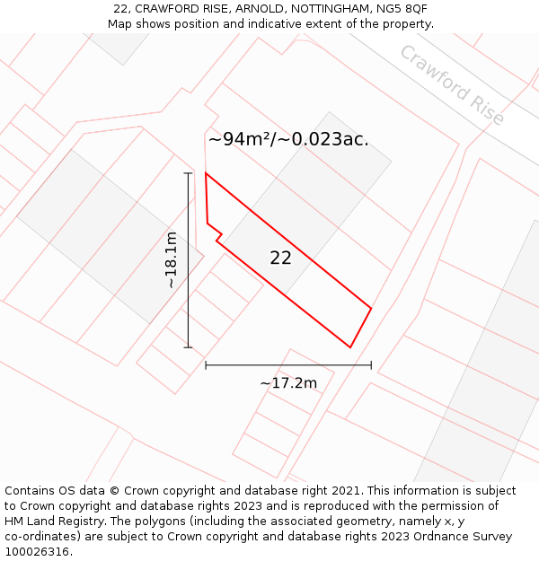 22, CRAWFORD RISE, ARNOLD, NOTTINGHAM, NG5 8QF: Plot and title map