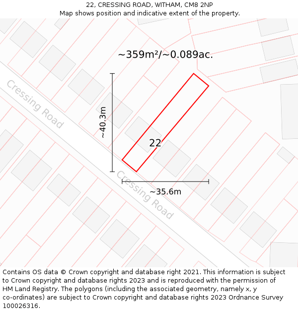 22, CRESSING ROAD, WITHAM, CM8 2NP: Plot and title map