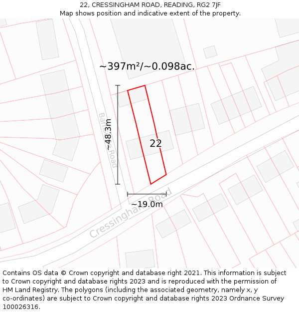 22, CRESSINGHAM ROAD, READING, RG2 7JF: Plot and title map