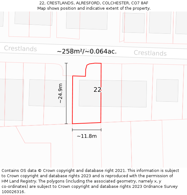 22, CRESTLANDS, ALRESFORD, COLCHESTER, CO7 8AF: Plot and title map