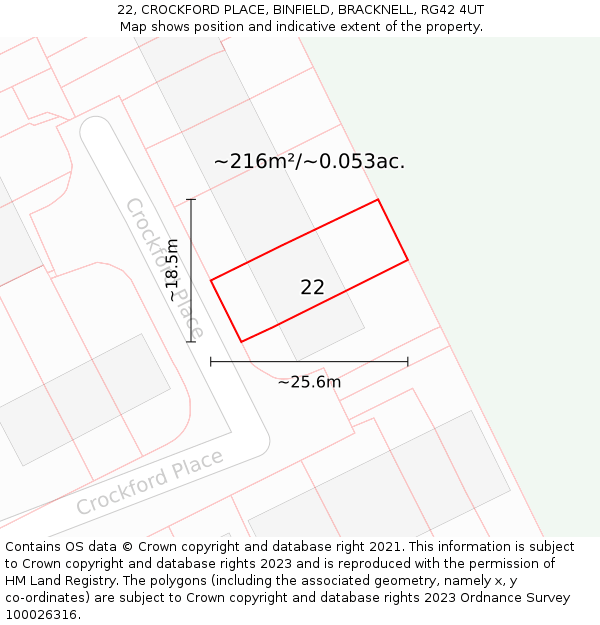 22, CROCKFORD PLACE, BINFIELD, BRACKNELL, RG42 4UT: Plot and title map