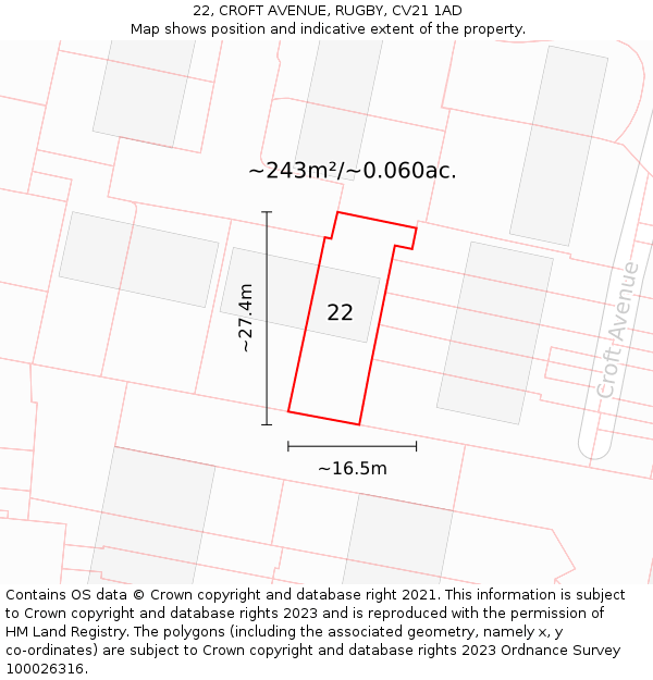 22, CROFT AVENUE, RUGBY, CV21 1AD: Plot and title map