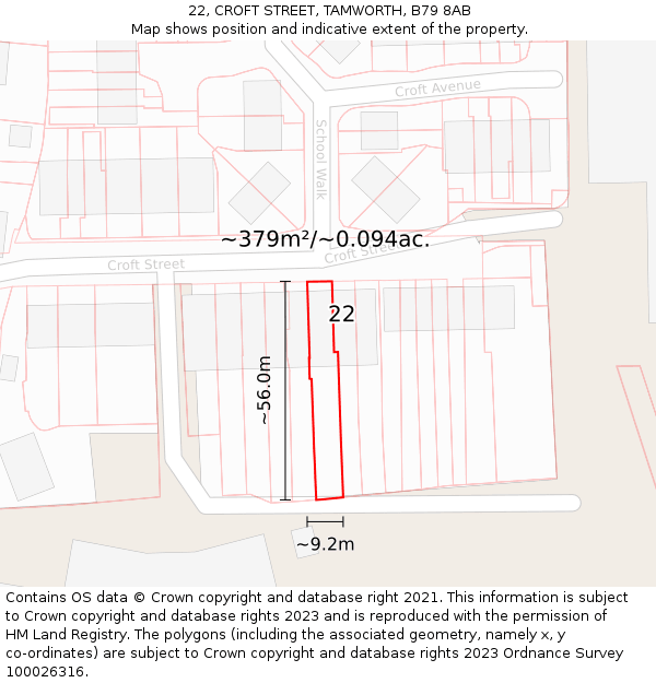 22, CROFT STREET, TAMWORTH, B79 8AB: Plot and title map