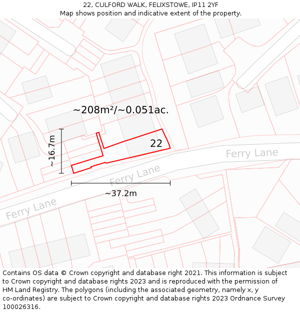 22, CULFORD WALK, FELIXSTOWE, IP11 2YF: Plot and title map