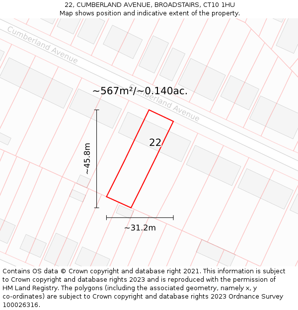 22, CUMBERLAND AVENUE, BROADSTAIRS, CT10 1HU: Plot and title map