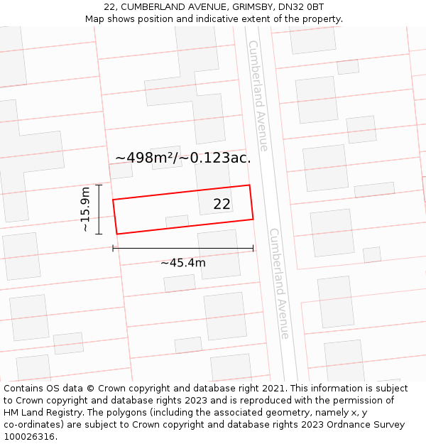 22, CUMBERLAND AVENUE, GRIMSBY, DN32 0BT: Plot and title map