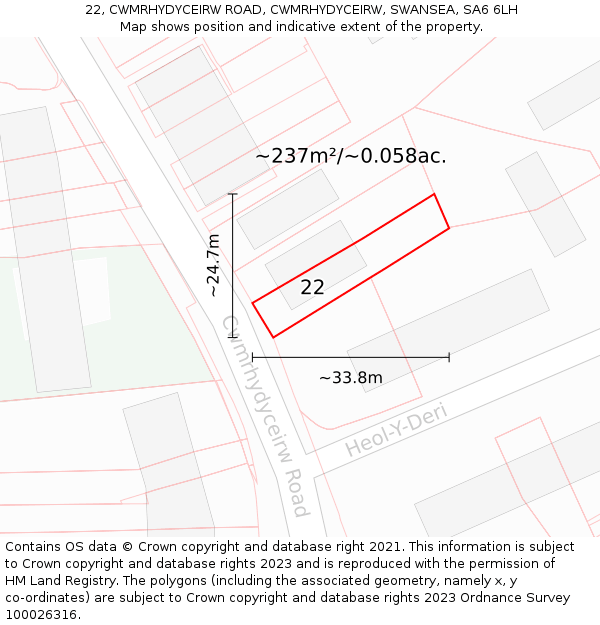 22, CWMRHYDYCEIRW ROAD, CWMRHYDYCEIRW, SWANSEA, SA6 6LH: Plot and title map