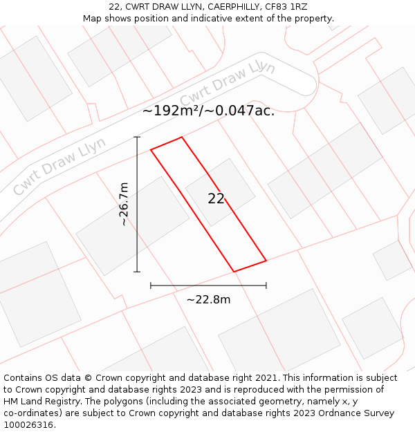 22, CWRT DRAW LLYN, CAERPHILLY, CF83 1RZ: Plot and title map