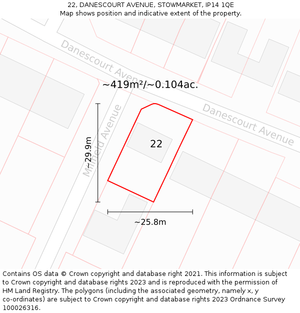 22, DANESCOURT AVENUE, STOWMARKET, IP14 1QE: Plot and title map