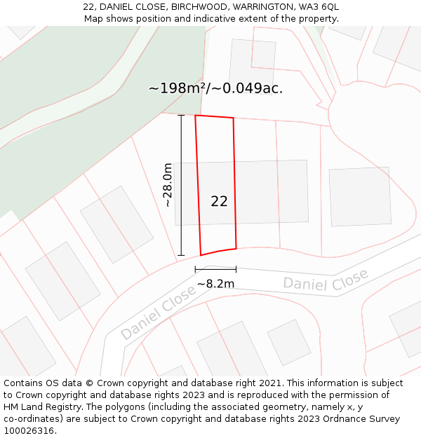 22, DANIEL CLOSE, BIRCHWOOD, WARRINGTON, WA3 6QL: Plot and title map