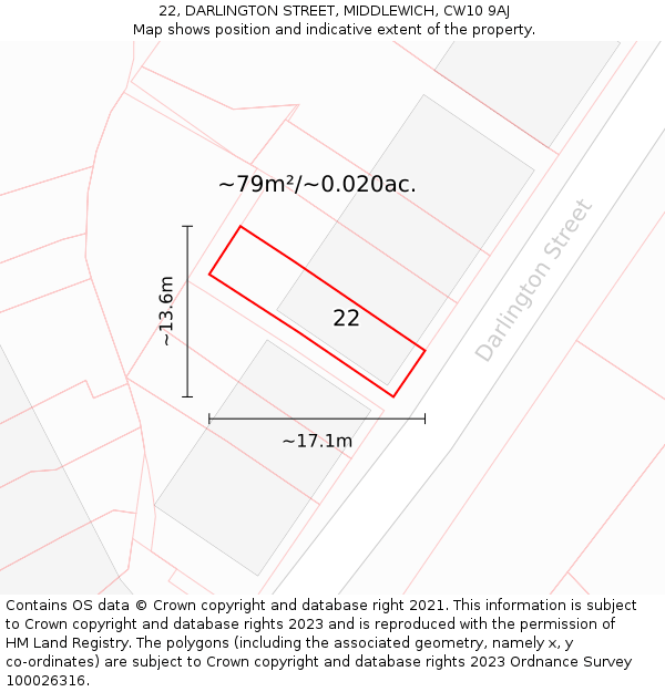 22, DARLINGTON STREET, MIDDLEWICH, CW10 9AJ: Plot and title map