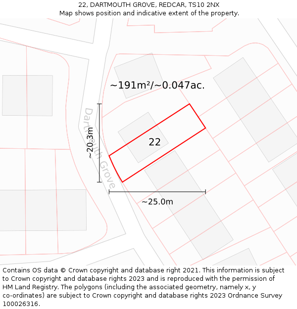 22, DARTMOUTH GROVE, REDCAR, TS10 2NX: Plot and title map