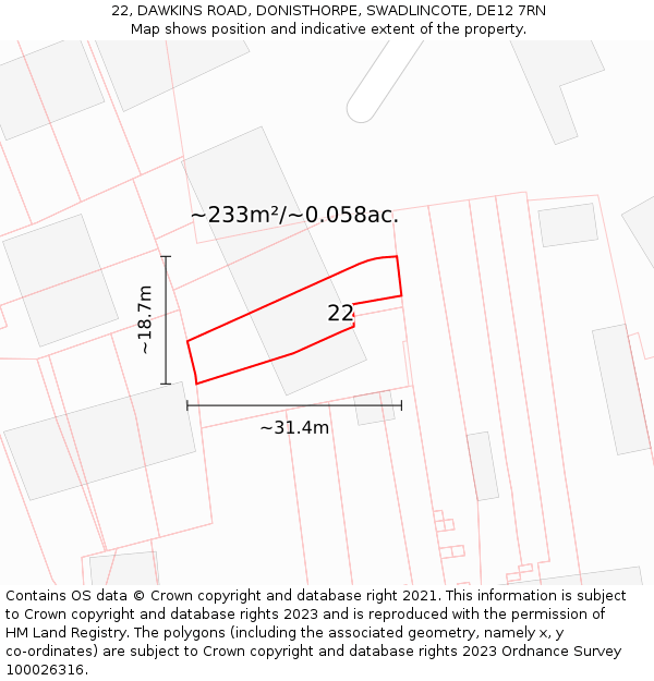 22, DAWKINS ROAD, DONISTHORPE, SWADLINCOTE, DE12 7RN: Plot and title map