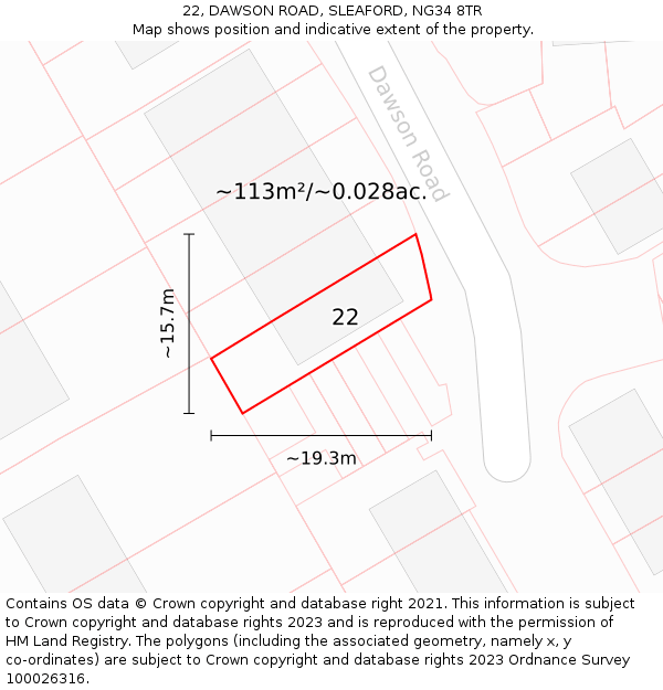 22, DAWSON ROAD, SLEAFORD, NG34 8TR: Plot and title map