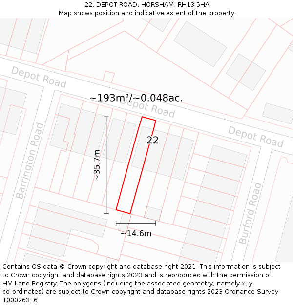 22, DEPOT ROAD, HORSHAM, RH13 5HA: Plot and title map