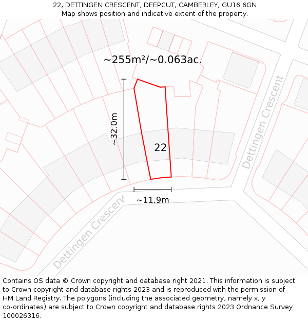 22, DETTINGEN CRESCENT, DEEPCUT, CAMBERLEY, GU16 6GN: Plot and title map